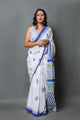 White & Blue Hand Block Butti Print Mul Cotton Saree with Blouse Piece