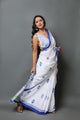 White & Blue Hand Block Butti Print Mul Cotton Saree with Blouse Piece