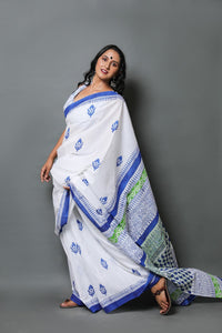 White & Blue Hand Block Butti Print Mul Cotton Saree with Blouse Piece
