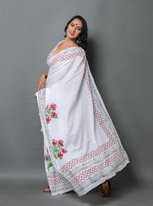 White Lily Hand Block Butta Print Mul Cotton Saree with Blouse Piece