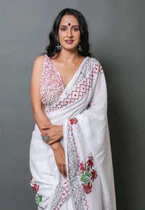 White Lily Hand Block Butta Print Mul Cotton Saree with Blouse Piece