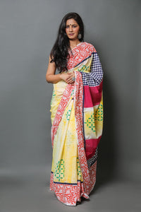 Yellow Hand Block Print Mul Cotton Saree with Blouse Piece