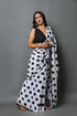 White Polka Dot Mul Cotton Saree With Blouse Piece