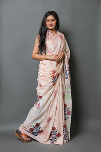 Ivory Hand Block Butta Print Mul Cotton Saree with Blouse Piece