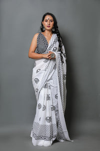 White Moon Block Print Mul Cotton Saree with Blouse Piece
