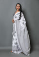 White Moon Block Print Mul Cotton Saree with Blouse Piece