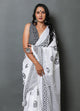 White Moon Block Print Mul Cotton Saree with Blouse Piece