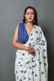 White & Blue Floral Hand Block Butti Print Mul Cotton Saree with Blouse Piece