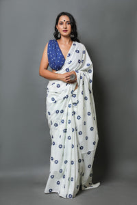 White & Blue Floral Hand Block Butti Print Mul Cotton Saree with Blouse Piece