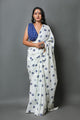 White & Blue Floral Hand Block Butti Print Mul Cotton Saree with Blouse Piece