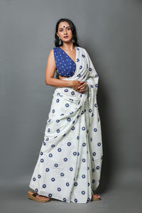 White & Blue Floral Hand Block Butti Print Mul Cotton Saree with Blouse Piece