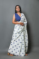 White & Blue Floral Hand Block Butti Print Mul Cotton Saree with Blouse Piece