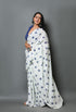 White & Blue Floral Hand Block Butti Print Mul Cotton Saree with Blouse Piece