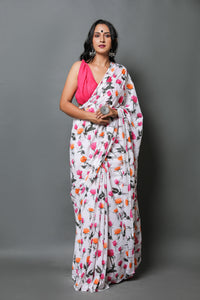 White Rose Print Mul Cotton Saree with Blouse Piece