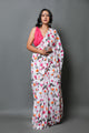 White Rose Print Mul Cotton Saree with Blouse Piece