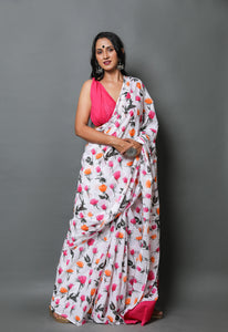 White Rose Print Mul Cotton Saree with Blouse Piece