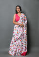 White Rose Print Mul Cotton Saree with Blouse Piece