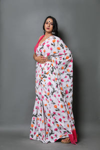 White Rose Print Mul Cotton Saree with Blouse Piece