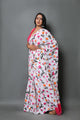 White Rose Print Mul Cotton Saree with Blouse Piece