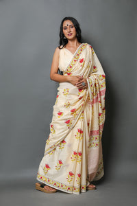 Cream Hand Block Butta Print Mul Cotton Saree with Blouse Piece