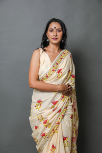 Cream Hand Block Butta Print Mul Cotton Saree with Blouse Piece
