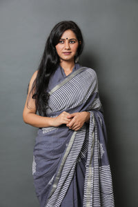 Lead Block Butta Print Linen Saree with Blouse Piece