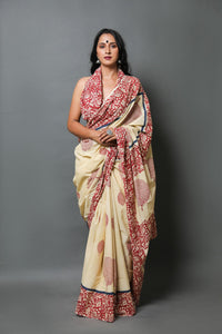 Cream & Maroon Hand Block Butta Print Mul Cotton Saree with Blouse Piece