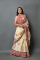 Cream & Maroon Hand Block Butta Print Mul Cotton Saree with Blouse Piece