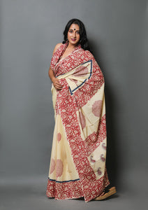 Cream & Maroon Hand Block Butta Print Mul Cotton Saree with Blouse Piece
