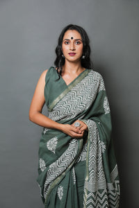 Bottle Green Block Print Linen Saree with Blouse Piece