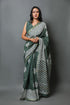 Bottle Green Block Print Linen Saree with Blouse Piece