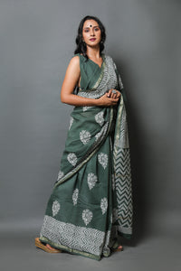 Bottle Green Block Print Linen Saree with Blouse Piece