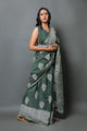 Bottle Green Block Print Linen Saree with Blouse Piece
