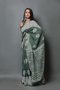Bottle Green Block Print Linen Saree with Blouse Piece