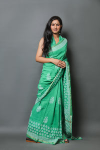 Green Block Print Linen Saree with Blouse Piece