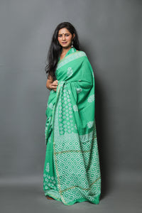 Green Block Print Linen Saree with Blouse Piece