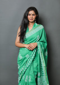 Green Block Print Linen Saree with Blouse Piece