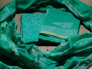 Rama Green Tulip Block Butta Chanderi Salwar Suit Material