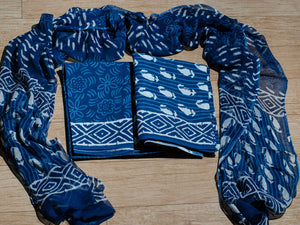 Blue Pasely Block Print Cotton Salwar Kurta Set Material