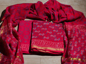 Red & Blue Block Butti Print Chanderi Suit Material
