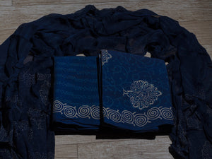Blue Napthol Peacock Block Print Cotton Salwar Kurta Material