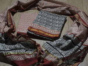 Black jaal block print Chanderi suit material