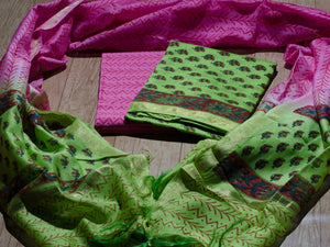 Lime block butti print Chanderi Suit Material