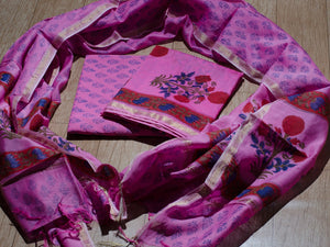 Pink mugal block butta print Chanderi Suit Material