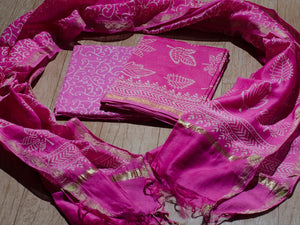 Magenta Leaf Block Print Chanderi Salwar Suit Material