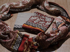 Ivory Floral Jaal Block Print Chanderi Suit Material
