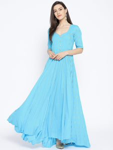 Turquoise Golden Butti Print Dress