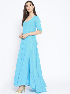 Turquoise Golden Butti Print Dress