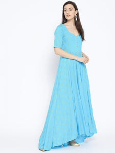 Turquoise Golden Butti Print Dress