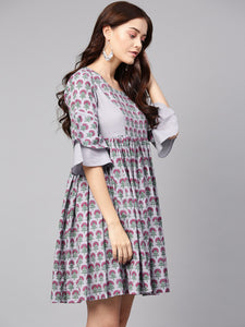 Grey Block Butti Print Short Dress